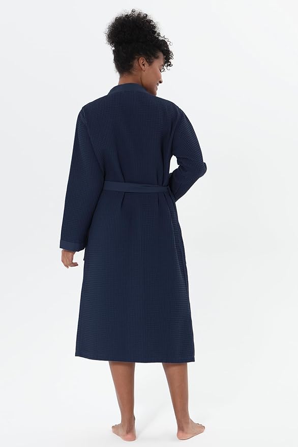 SEYANTE Womenโs Luxury Waffle Shawl Collar, Hooded Robe w Piping โ Lightweight, Long, Ultra Soft Spa Sleepwear Bathrobe