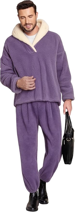 Peaceglad Mens Fluffy Coral Fleece Pajamas Set Pullover Pants Loose Plush Warm Loungewear Sleepwear