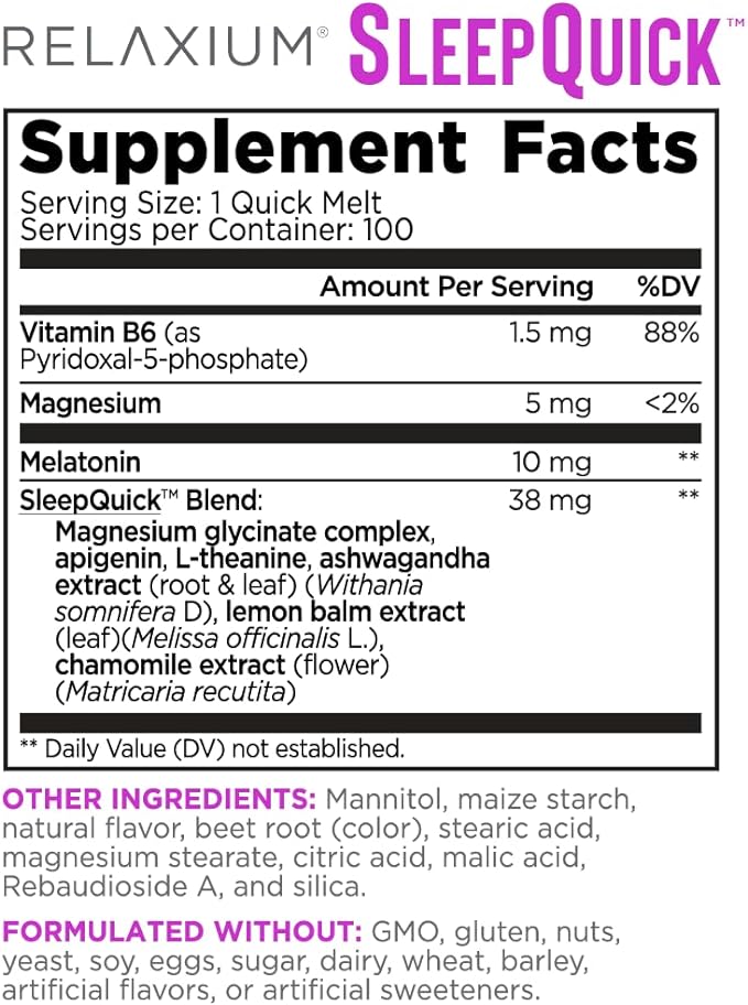 Relaxium Sleep Quick Maximum Strength Melts, Fast Acting Sleep Aid with 10 mg Melatonin, Drug Free Dietary Supplement, Vegan, Gluten Free, Made in USA, 100 Servings, Berry Flavor