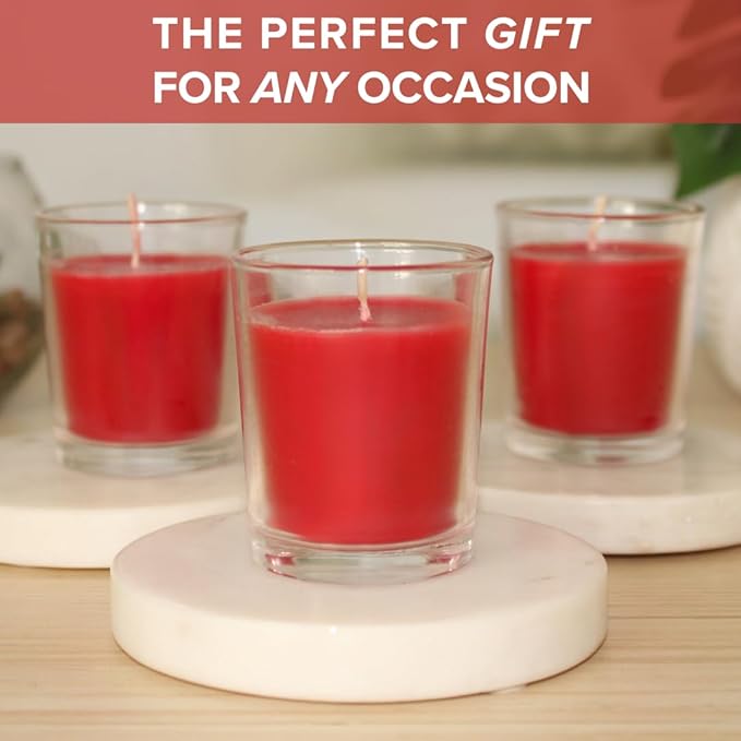 Simply Soson Scented Votive Candles, Bulk Set of 24 Red Spicy Cinnamon Clove Scented Candles Bulk, Fall Votive Candles Scented in Glass, 10 Hours Burn, for Holiday Christmas & Home Decoration