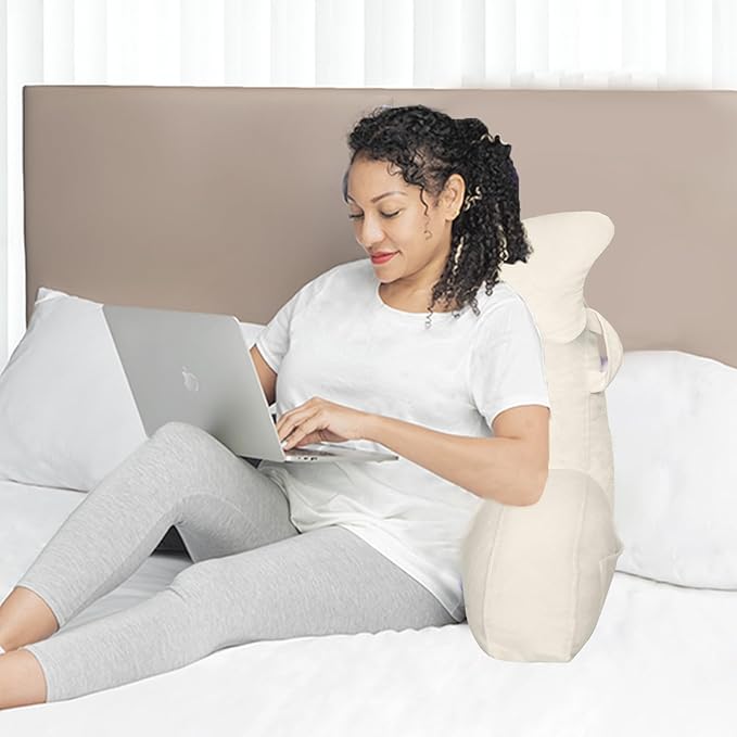 SLIGUY Reading Pillow for Sitting in Bed Couch Adult, Back Pillow with arm Support and Pockets, Adult Back Pillow Bed Chair for Bed Rest, Reading, Watching TV, Gaming for Boys and Girls Beige