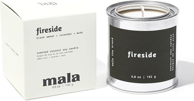 Mala Fireside - Black Amber, Musk and Lavender Candle - Vegan Soy Hand Poured Aromatherapy Candle with 45 Hour Burn - Classic 6.8 oz Size