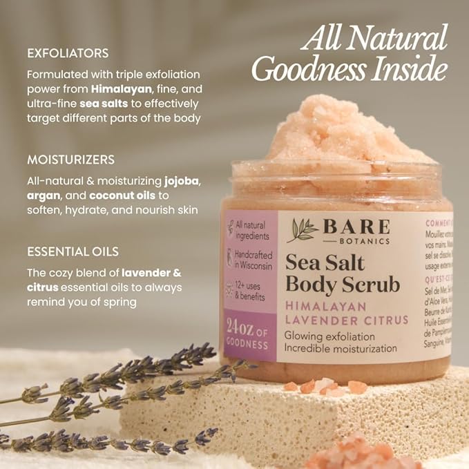 Bare Botanics Lavender Citrus Body Scrub 24oz | Made in Madison, WI | All Natural Himalayan Salt Exfoliator Skin Loving Moisturizers | Vegan & Cruelty Free | Gift Ready Packaging w/a Cute Wooden Spoon