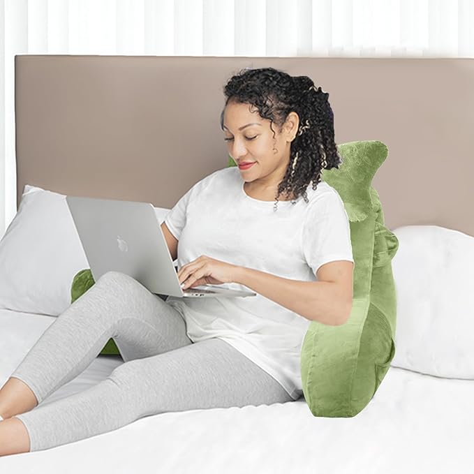 SLIGUY Reading Pillow for Sitting in Bed Couch Adult, Back Pillow with arm Support and Pockets, Adult Back Pillow Bed Chair for Rest, Reading, Watching TV, Gaming for Boys and Girls Green
