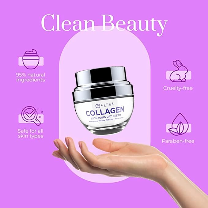 Clear Beauty Collagen Daily Face Moisturizer - Dermatologist Tested, Reduces Wrinkles, Fine Lines, Hydrating, Anti-Aging, Clean Beauty, Cruelty-Free Korean Skin Care - All Skin Types - 1.69 oz