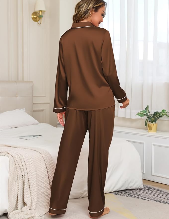 Veseacky Womens Satin Pajama Set Silk Pjs Button Down Long Sleeve Sleepwear Loungewear Sleepwear 2 Piece Pjs Set S-XXL