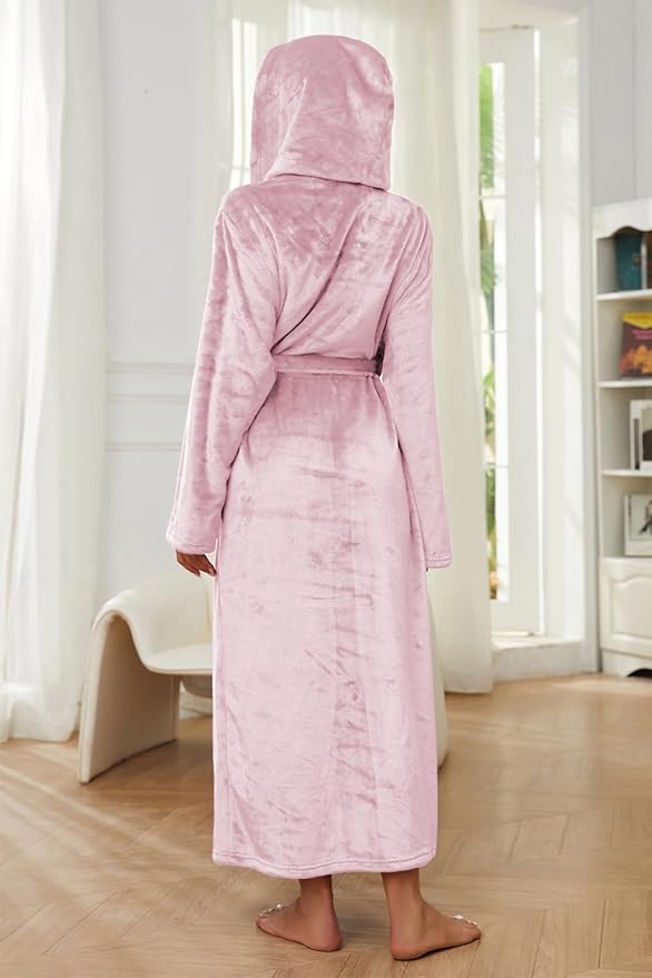 HEARTNICE Womens Long Hooded Robe, Soft Warm Fleece Bathrobes Full Length Plush House Coat