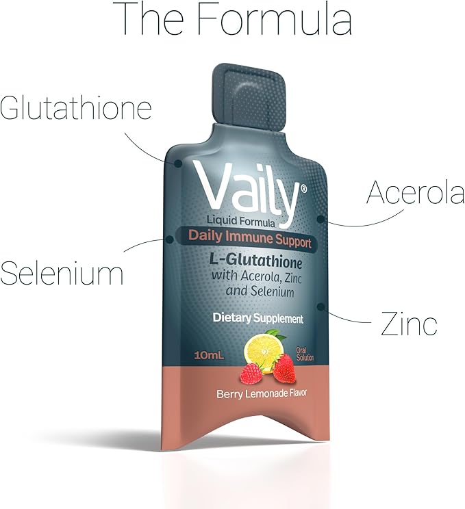 Vaily Immune Support Supplement for Adults - Liquid Glutathione Supplement 860 mg w/Acerola Vitamin C Zinc & Selenium - High Potency Antioxidant, Skin Health, Detox Every Day - 30 Single-dose Vials