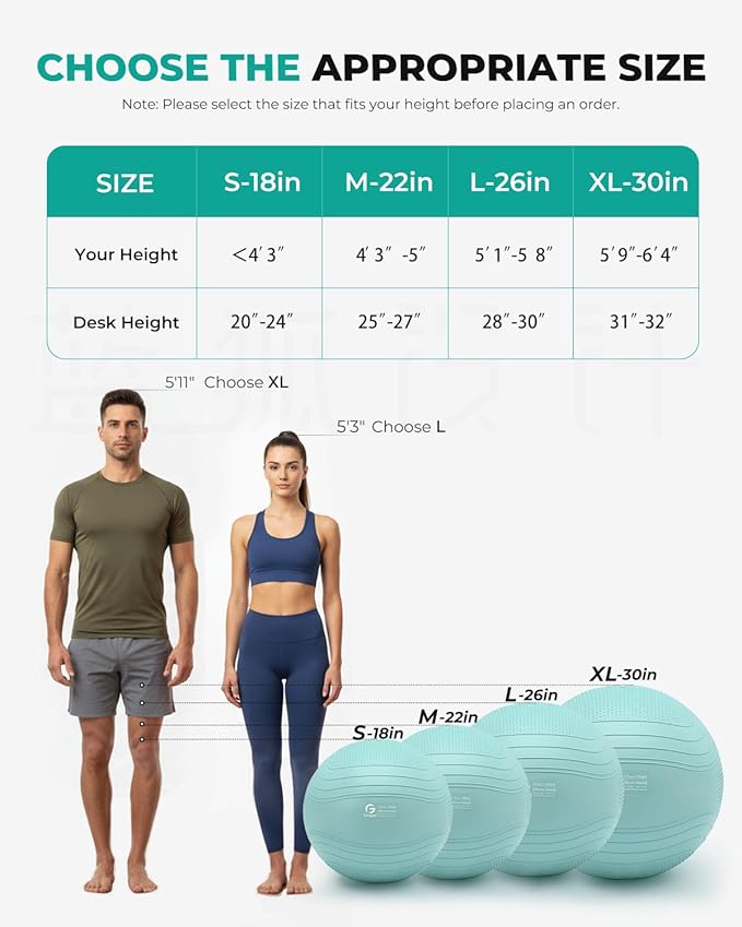 Gruper Yoga Ball, Extra Thick Exercise Ball for Workout Pregnancy Stability - 4 Sizes Anti Burst Balance Ball for Yoga, Pilates, Fitness, Birthing, Physical Therapy - Includes Pump
