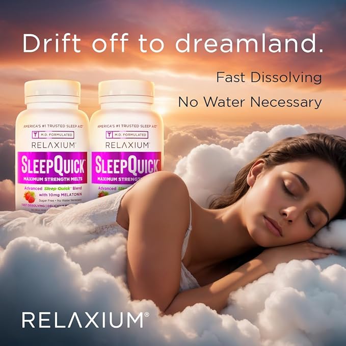 Relaxium Sleep Quick Maximum Strength Melts, Fast Acting Sleep Aid with 10 mg Melatonin, Drug Free Dietary Supplement, Vegan, Gluten Free, Made in USA, 100 Servings, Berry Flavor