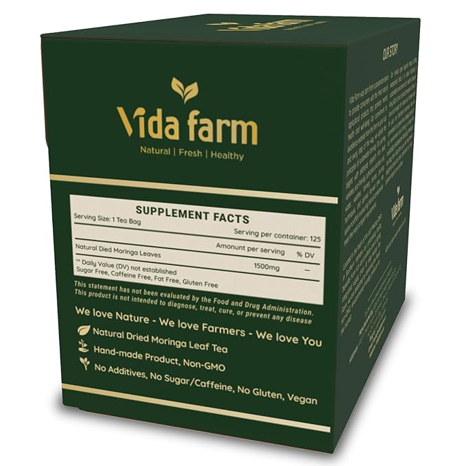 VIDA FARM 125 Premium Moringa Tea Bags, 100% Natural Pure Moringa Leaves: No Caffeine, No Sugar, No Gluten, Vegan