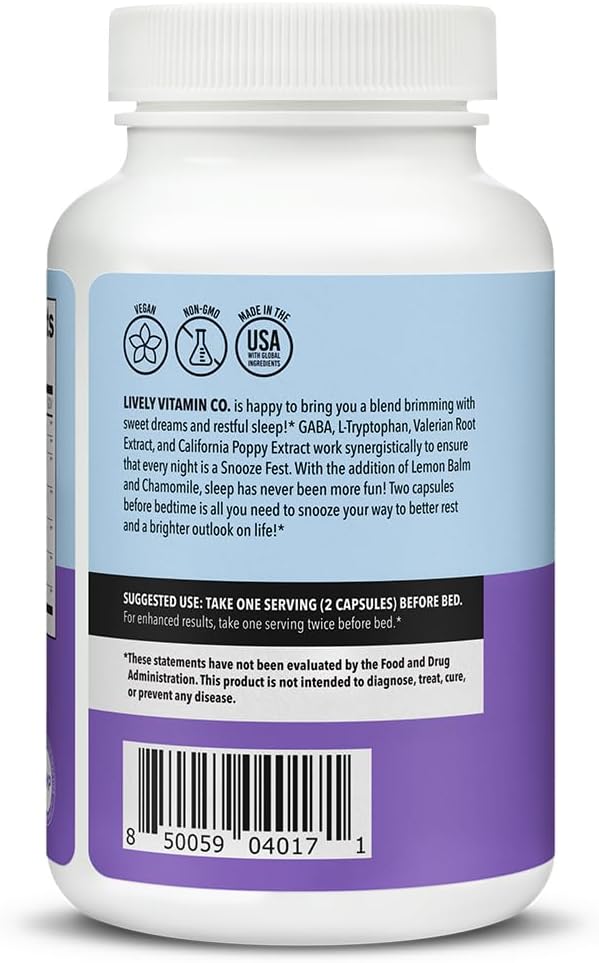 LIVELY VITAMIN CO Snooze Fest - Full REM Cycles - Balanced Sleep - Relax Body & Mind - Rest & Recovery - GABA - Chamomile - Melatonin - Tryptophan - Valerian Root - Lemon Balm - Poppy - 120 Count