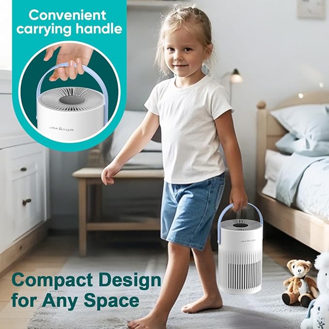 Jafanda Small Air Purifier JF068, 20dB Sleep Mode, Portable Air Cleaner with Handle, 3-Stage HEPA Filtration for Dust, Pollen, Pet Fur, Smoke, 7-Color Light for Home/Bedroom/Dorm/Office