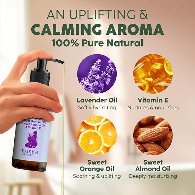 KUKKA Aromatherapy Massage Oil 6.76 fl oz - Enriched with Vitamin E, Sweet Almond, Lavender & Sweet Orange Oils - for All Skin Types, Men & Women - Massage Therapy Oil for Muscles, Legs & Body