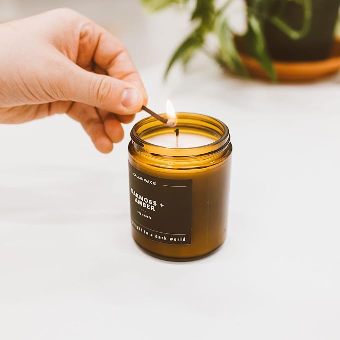 Calyan Wax Co. Soy Wax Candle, Oakmoss + Amber Scented Candle, 57 Hour Burn Time, Aromatherapy Soy Candles, Non Toxic & Vegan Soy Wax, Amber Glass Jar Scented Candles, 7.2oz