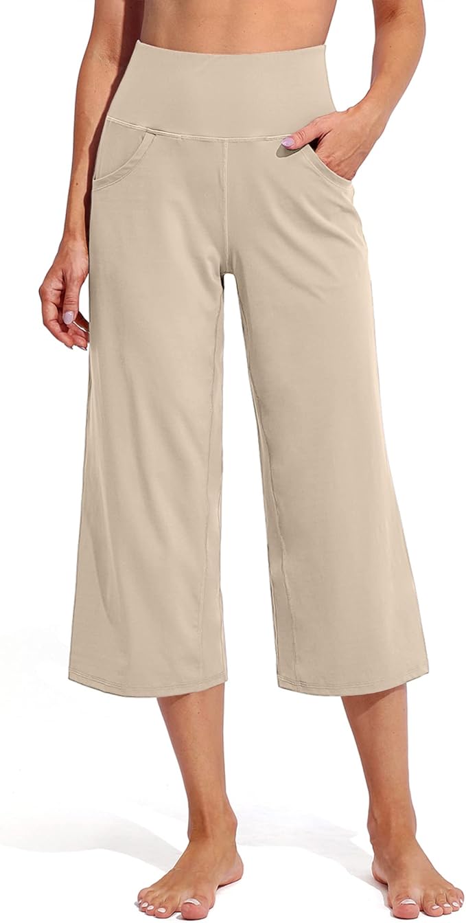 Promover Capri Pants for Women Wide Leg Yoga Cropped Pants with Pockets Loose Casual Summer Pants