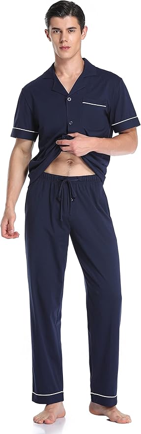 COLORFULLEAF Men's 100% Cotton Pajamas Set Button Down Sleepwear Short Sleeve and Long Pants Pjs