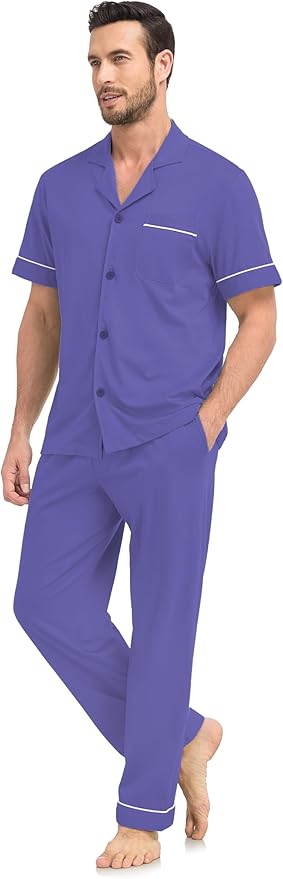 COLORFULLEAF Men's 100% Cotton Pajamas Set Button Down Sleepwear Short Sleeve and Long Pants Pjs
