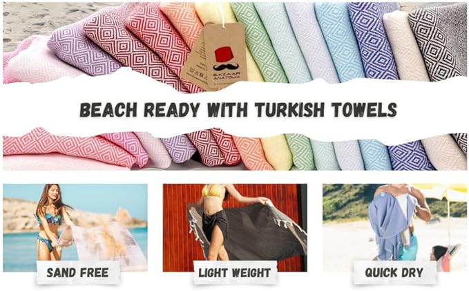Bazaar Anatolia Turkish Beach Towel – 100% Cotton, Quick Dry, Lightweight and Sand Free – Perfect for Bathroom, Travel, Yoga, Camping, Oversized 71x39 inches - Diamond Black