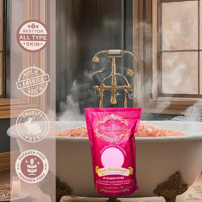 Mom Bomb Pink Himalayan Epsom Salt Bath Soak - Melon Scent – Natural Magnesium Salt with Essential Oils – Relaxing Aromatherapy for Stress Relief, Muscle & Foot Soak – Made in USA, 48 Ounce