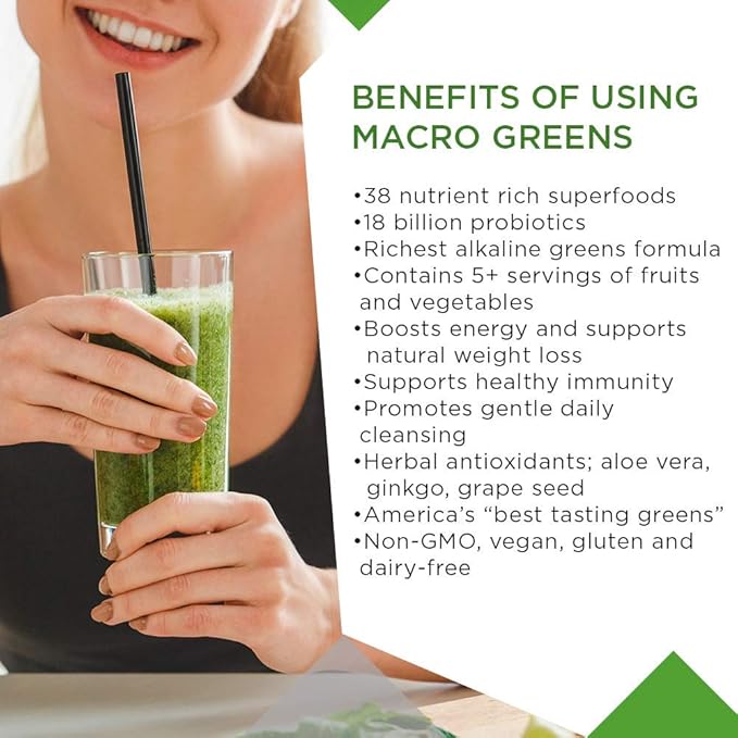 MacroLife Naturals Macro Greens Powder 38 Superfood Probiotic Antioxidant Enzyme & Herbal Supplement Immunity Energy Cleanse - Non-GMO Vegan Gluten-Free Dairy-Free (90 Servings)