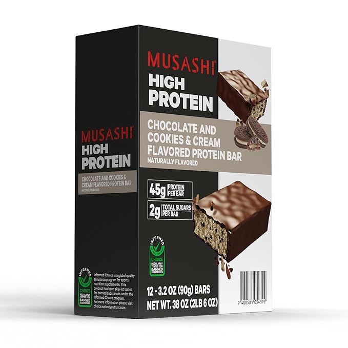 MUSASHI High Protein Bar, 45g Protein, 2g Total Sugars, Cookies & Cream, Post Workout and Protein Snack On The Go, 12 Pack of 3.2oz (90g) Bars