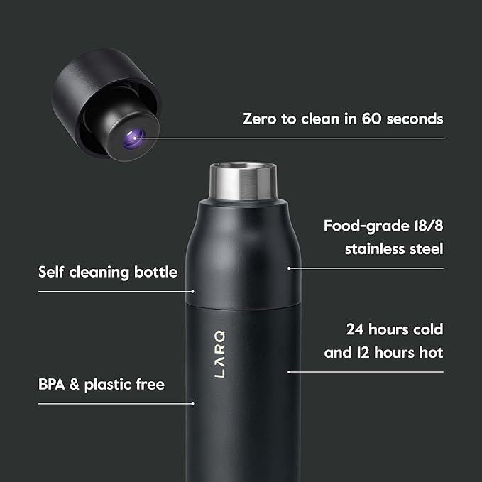 LARQ Bottle PureVis 25 oz - Self-Cleaning and Insulated Stainless Steel Water Bottle with UV Water Purifier and Award-winning Design | Reusable & Travel Friendly, Obsidian Black