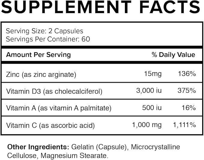 Vatellia Life Immune Up High-Absorption Vitamin C, D3, A + Zinc | Immune Support | Improve Cellular Health | Microbial Defense | 120 Capsules (60 Day Supply)