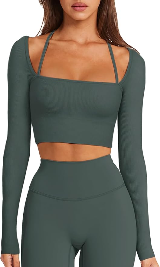 LASLULU Womens Sexy Square Neck Crop Top Ribbed Seamless Long Sleeve Workout Tops Halter Neck Athletic Yoga