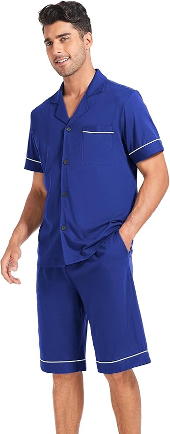 COLORFULLEAF Men's 100% Cotton Short Sleeve Pajama Sets Button Down Notched Collar Sleepwear Soft Lounge Pjs with Pockets