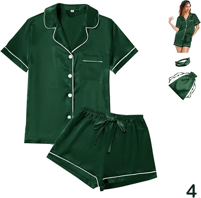 4Pcs Womens Satin Silky Pajama Sets Short Sleeve Shirt XS-4XL Floral Pajamas Set Soft PJ Loungewear Sleepwear