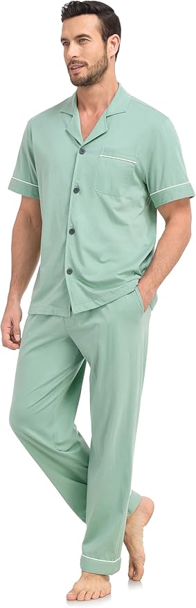 COLORFULLEAF Men's 100% Cotton Pajamas Set Button Down Sleepwear Short Sleeve and Long Pants Pjs
