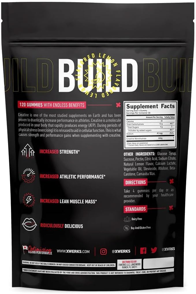 Xwerks Build Creatine Gummies for Men and Women, 120 Count, 100% Pure Creatine Monohydrate, Watermelon Flavored Muscle Building Gummies 4g Per Serving, Pre Workout Anti Melting, 5000mg Total Creatine