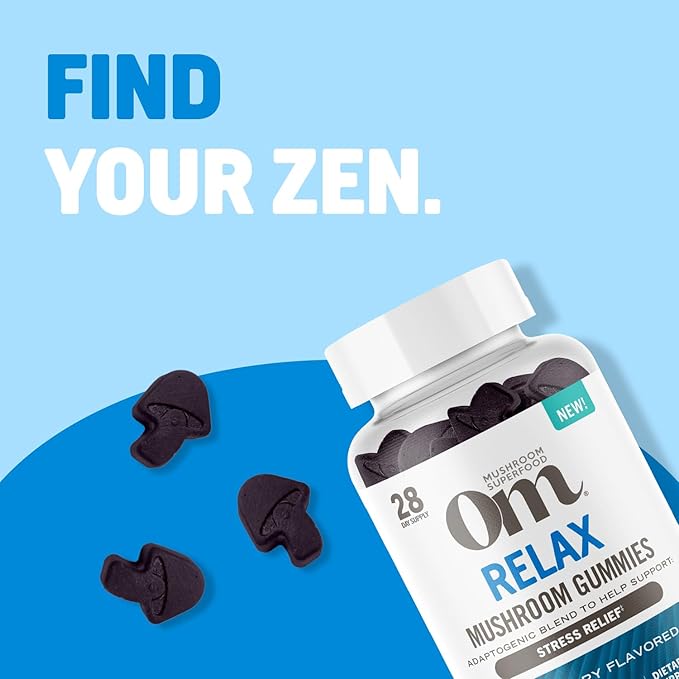 OM MUSHROOM SUPERFOOD Relax Gummies – 28 Servings – Blueberry Reishi & Ashwagandha Gummies for Stress Relief, Relaxation & Mood Support