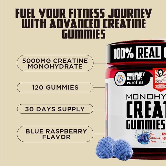 Old School Labs 5000mg Creatine Monohydrate Gummies, Optimized for Men and Women, Supports Lean Muscles & Recovery, Energy & Stamina - Real Creatine and Third Party Tested, 30 Servings, 120 Ct