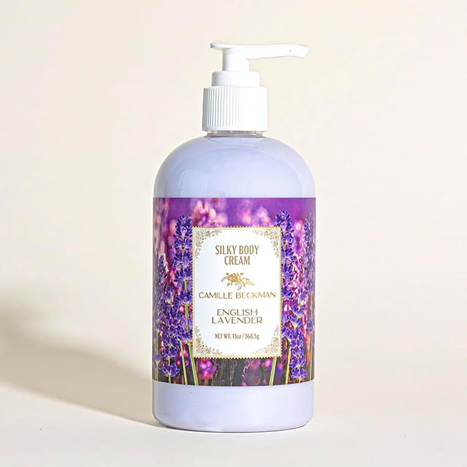 Camille Beckman English Lavender Scented Silky Body Cream, Daily Moisturizer for All Skin Types | Non-Greasy Vegan Formula to Nourish and Soften Hands and Body, 13 Ounce