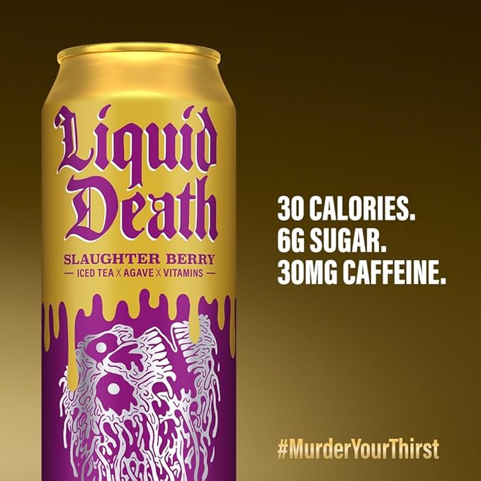 Liquid Death, Slaughter Berry Flavored Iced Tea, 8-Pack (19.2oz Cans), Raspberry Flavored Black Tea, Low Calorie, No Artificial Sweeteners, B12 & B6 Vitamins