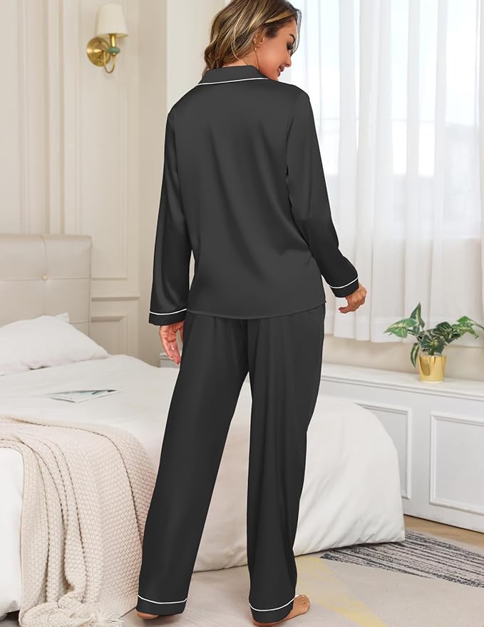 Veseacky Womens Satin Pajama Set Silk Pjs Button Down Long Sleeve Sleepwear Loungewear Sleepwear 2 Piece Pjs Set S-XXL