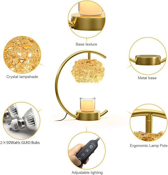 Bronze Candle Warmer Lamp for Jar Candles with Adjustable Brightness&Timer,Handcrafted Crystal&Wooden Base,Candle Lamp Luxurious Design+2Bulbs,Home Decoration Electric Candle lamp(C-Shaped)