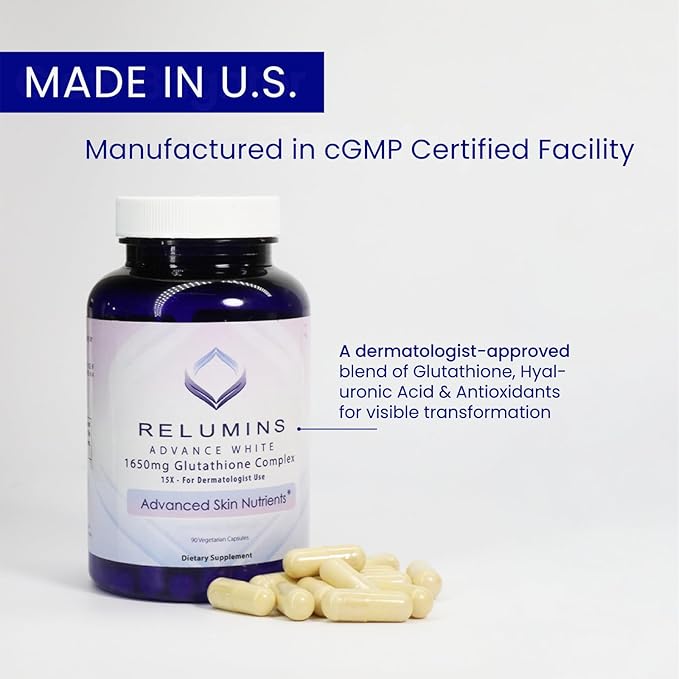 Relumins 1650mg L-Glutathione Complex with Hyaluronic Acid, Alpha Lipoic Acid, Rose HIPS, Vitamin E & Riboflavin, Antioxidant Support, Skin Hydration & Wellness, Made in USA – 90 Capsules x 3 Bottles