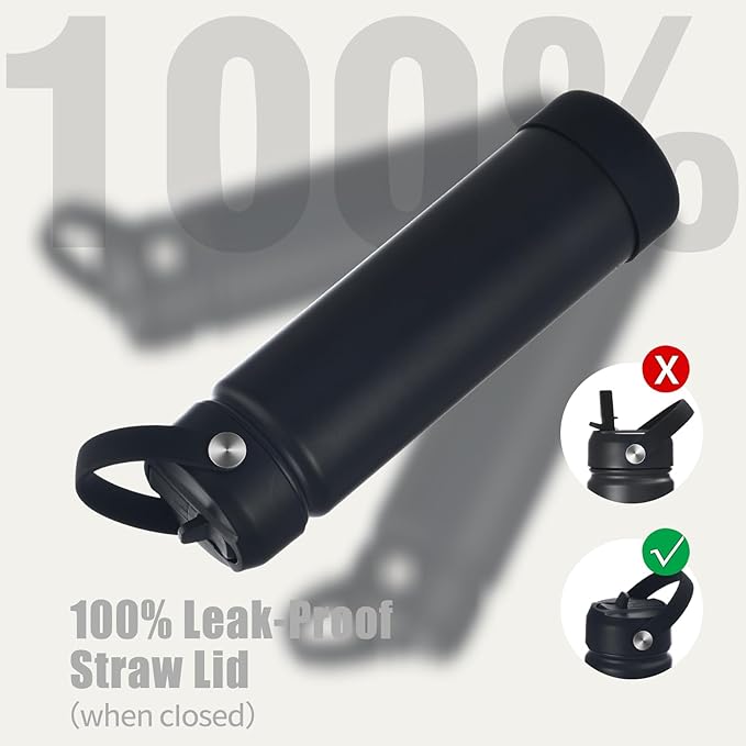 Insulated Stainless Steel Water Bottle with Straw, Ceramic-Lined, BPA-Free & Leak-Proof, 24 oz, Black