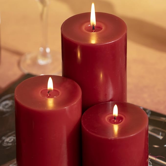 KONNI Dark Red Pillar Candles Set of 3, 3"x 6" Unscented Pillar Candles Bulk, 56 Hours Long Burning Candles, Smokeless&Dripless Large Round Candle for Wedding, Home Decoration, Parties, Spas, Dinner