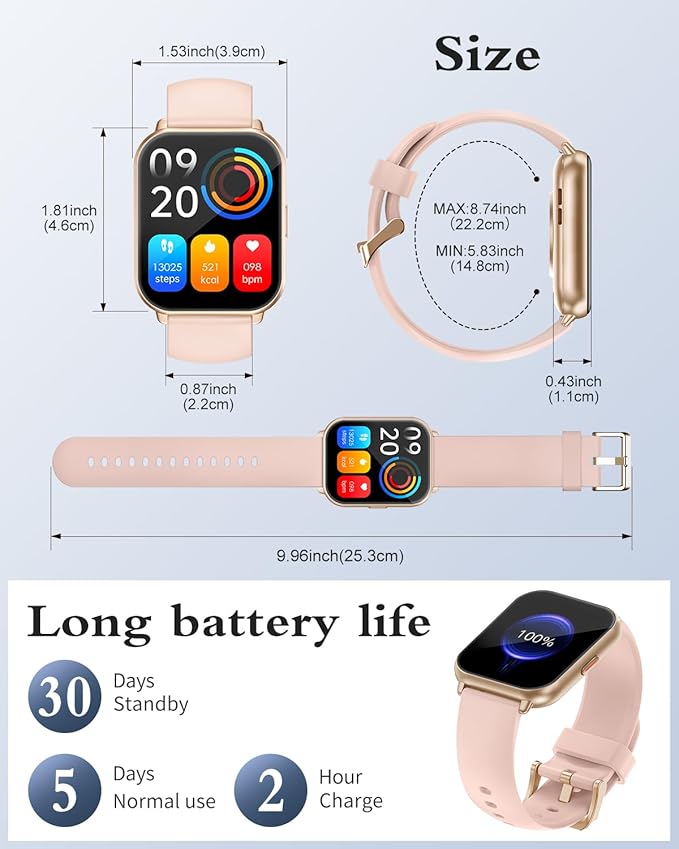 RUIMEN Smart Watches for Men Women (Answer/Make Calls, 2 Bands Included), 1.8" Smartwatch for iOS/Android Phones, Fitness Tracker Heart Rate/Sleep Monitor Digital Watch Waterproof Pink