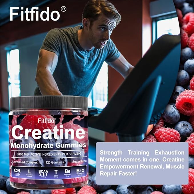 Creatine Monohydrate Gummies Complex 8000mg for Men and Women, Containing L-carnitine & Taurine, Build Muscle, Boost Energy, Faster Recovery, Sugar Free & Vegan, Raspberry & Blackberry, 120 Count