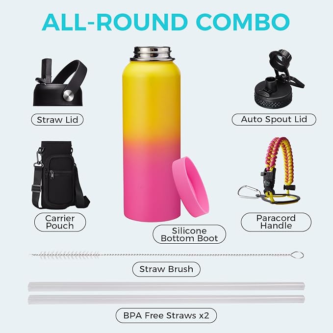 40 oz Water Bottle with Straw - Stainless Steel Water Bottles Insulated w/Auto Spout Lid, Strap Carrying Case, Paracord Handle, Silicone Boot, Triple Wall Metal Water Flask Thermo Mug Keep Cold Hot
