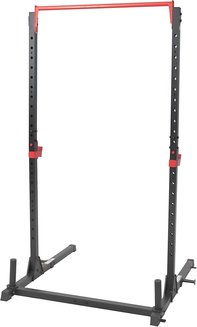Sunny Health & Fitness Power Cage and Squat Rack In High Weight Capacity with J-Hooks, Adjustable Pull Up Bar, Weight Plate Holders, Resistance Band Posts