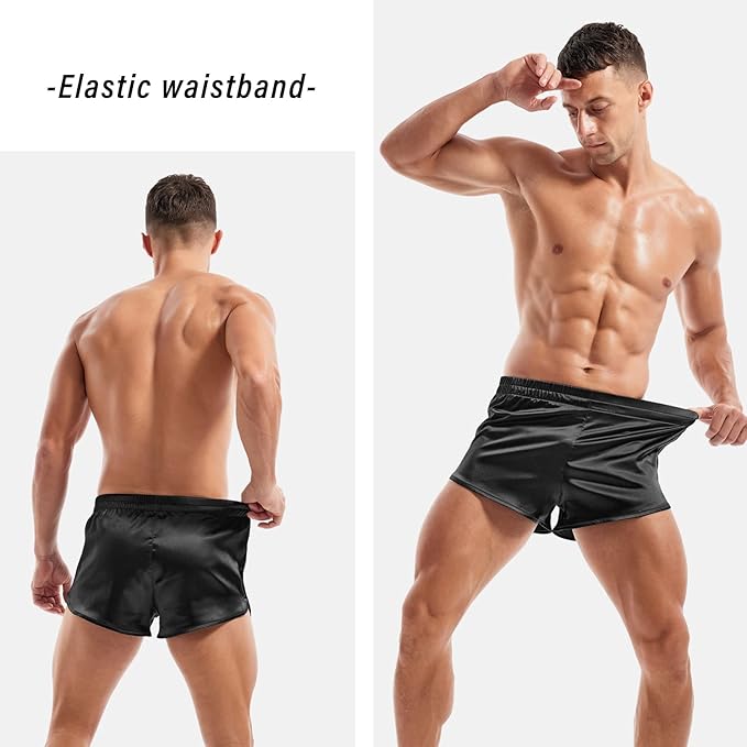 AMY COULEE Mens Satin Shorts Silk Boxers Sexy Split Side Lounge Shorts 3 Inch Pajama bottoms