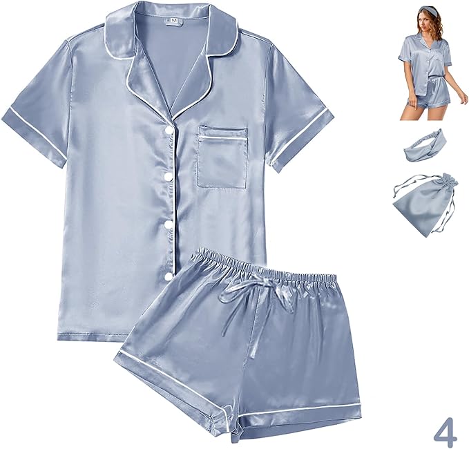 4Pcs Womens Satin Silky Pajama Sets Short Sleeve Shirt XS-4XL Floral Pajamas Set Soft PJ Loungewear Sleepwear