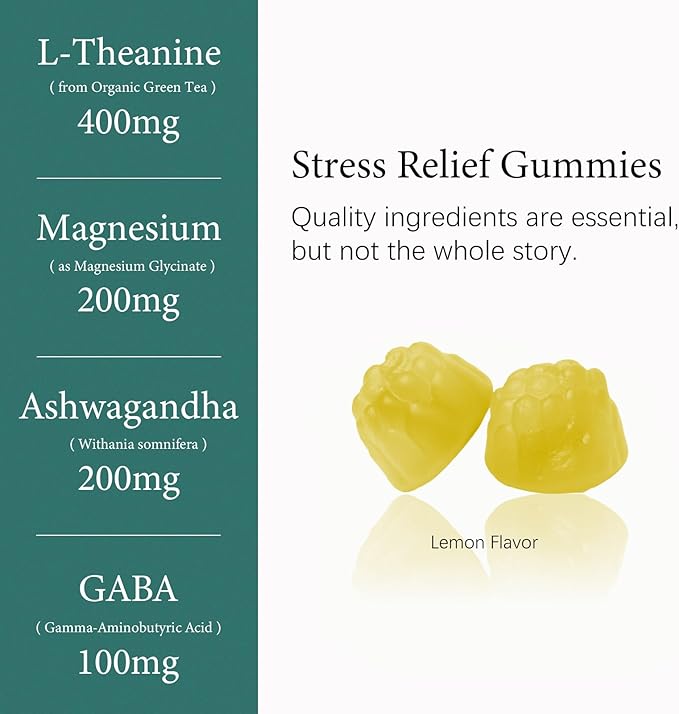 L-Theanine 400mg Gummies, L Theanine Supplement for Kids & Adults with Magnesium Glycinate, GABA, Ashwagandha, L'theanine Chewable for Restful Sleep, Stress Support, Relaxation, Calm, 60 Day Supply