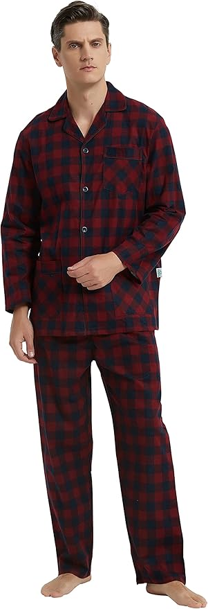 GLOBAL Men's Pajamas Sets 100% Cotton Flannel Sleepwear Long-Sleeve top & Bottom